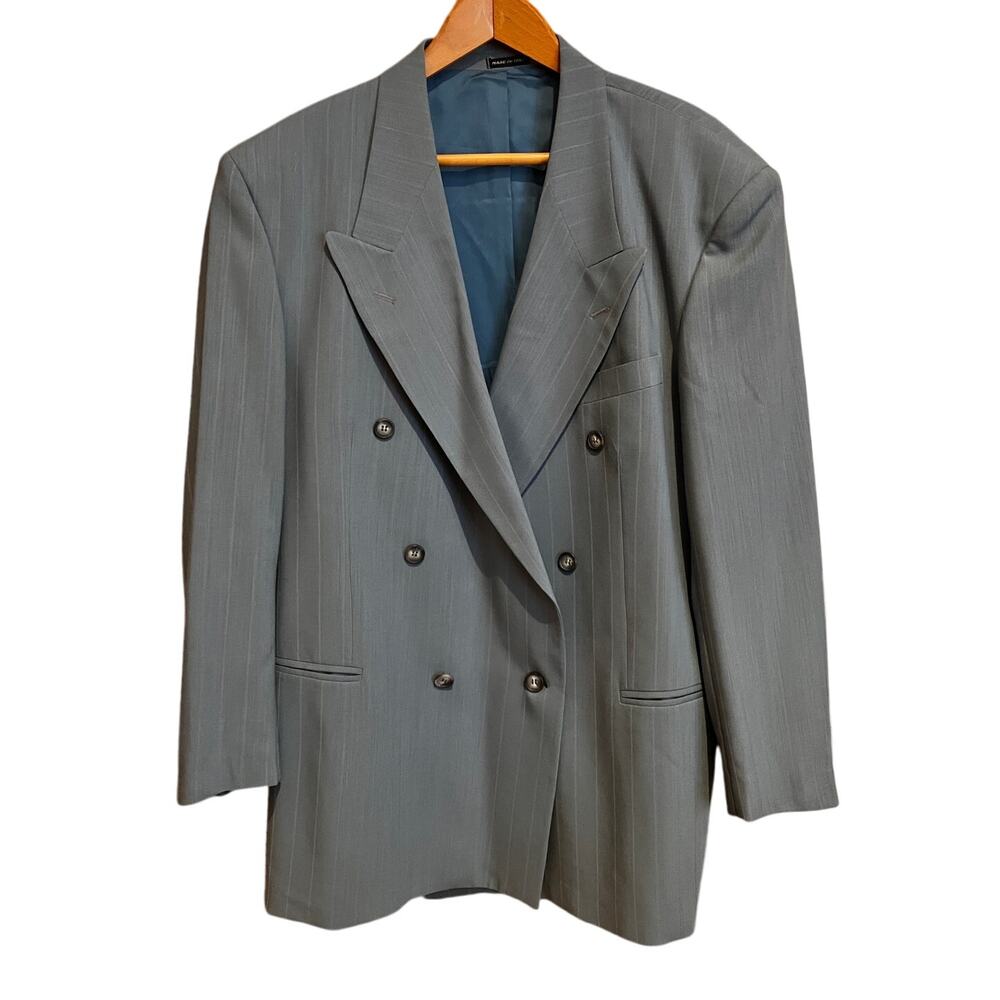 Lanificio Campore‎ Double Breasted Pinstripe Blazer Blue Wool Microfiber Size 54